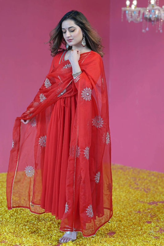 SkyDyeing Women Red Anarkali Set With Duptta