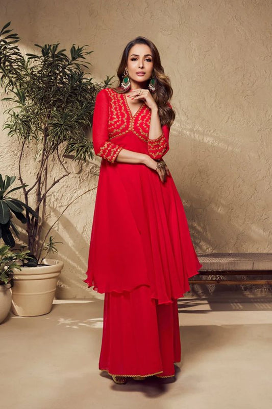 Skydyeing Red Embroidered Flared Kurta With Sharara