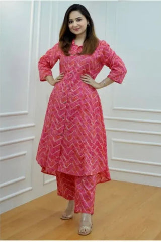 Women Cotton printed co ords set Pink Color